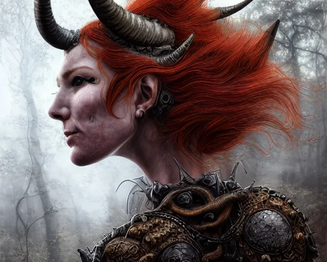 Image similar to 5 5 mm portrait photo of an armored gorgeous anesthetic redhead woman warrior with a face tattoo and horns growing from her head, and small dragon sitting on her shoulder in a magical forest in the style of stefan kostic, art by luis royo. highly detailed 8 k. intricate. lifelike. soft light. nikon d 8 5 0. cinematic post - processing