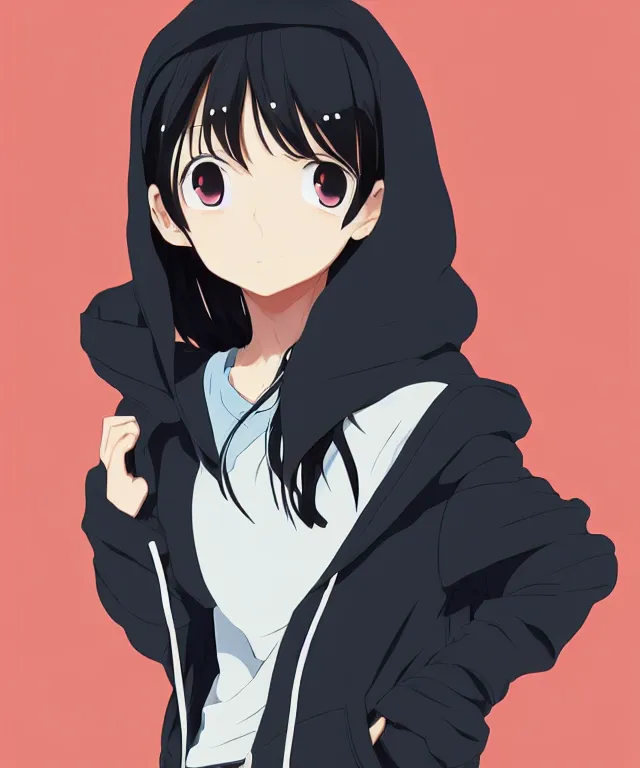 Image similar to anime visual, portrait of a young black haired girl wearing hoodie on the city street background, one person, cute face by yoh yoshinari, katsura masakazu, studio lighting, full body shot, strong silhouette, zoom out, ilya kuvshinov, cel shaded, crisp and sharp, rounded eyes, bright