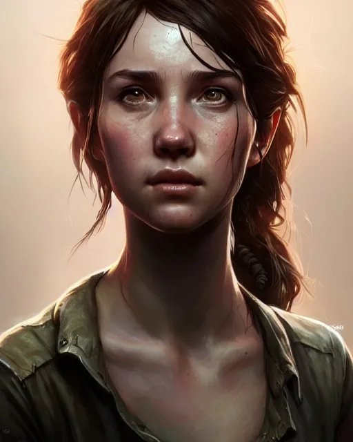 Prompt: Ellie (Last of Us), closeup, D&D, fantasy, intricate, elegant, highly detailed, digital painting, artstation, concept art, matte, sharp focus, illustration, hearthstone, art by Artgerm and Greg Rutkowski and Alphonse Mucha