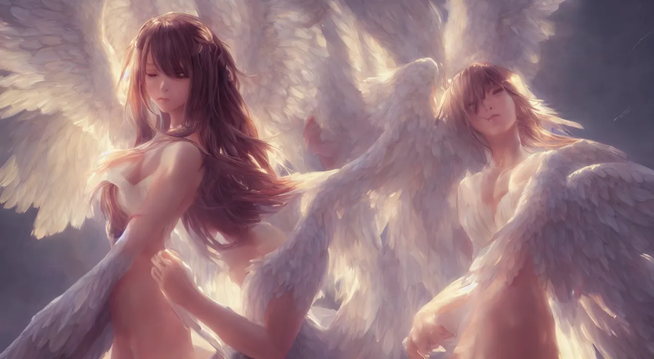 Image similar to an oil painting of a beautiful anime girl with angel wings, by artgerm, wlop and greg rutkowski, hd, hdr, ue 5, ue 6, unreal engine 5, cinematic 4 k wallpaper, 8 k, ultra detailed, high resolution, artstation, award winning