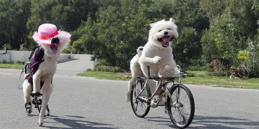 Prompt: a dog in a hat and sunglasses riding a bike