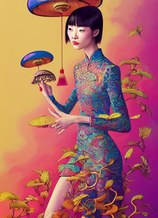 Prompt: pretty chinese model with magic mushroom : : by martine johanna and simon stalenhag and chie yoshii and casey weldon and wlop : : ornate, dynamic, particulate, rich colors, intricate, elegant, highly detailed, vogue, harper's bazaar art, fashion magazine, smooth, sharp focus, 8 k, octane render,