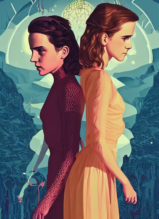 Image similar to poster artwork by Michael Whelan and Tomer Hanuka, Karol Bak of Emma Watson and Kiernan Shipka in beauty pageant, from scene from Twin Peaks, clean, simple illustration, nostalgic, domestic, full of details