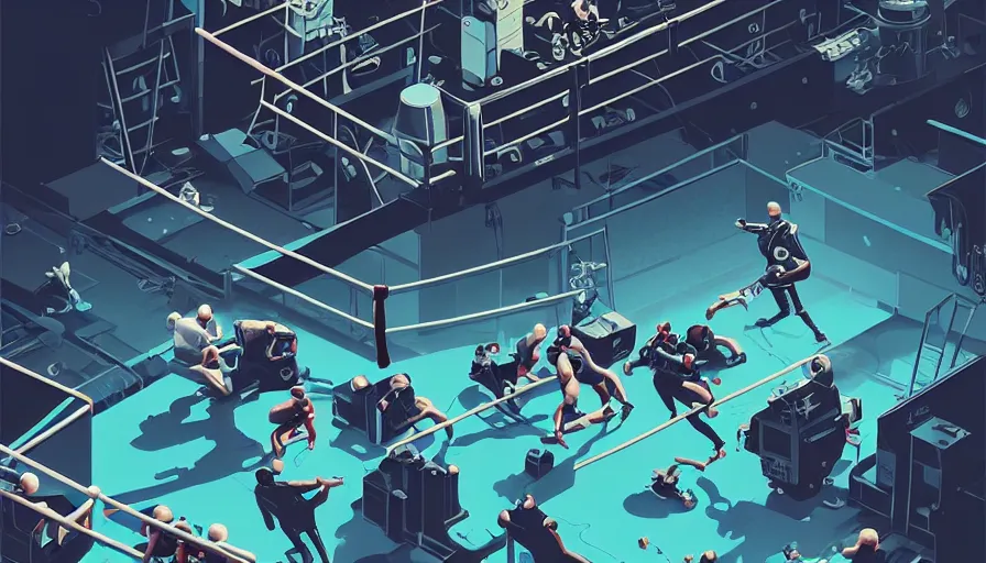 Prompt: a beautiful highly detailed vector illustration close up of a boxing match with robots in a factory, punk styling by atay ghailan, cliff chiang, loish and goro fujita, silver, silver, brown, black, blue and cyan tones, featured on artstation, featured on behance, grunge aesthetic