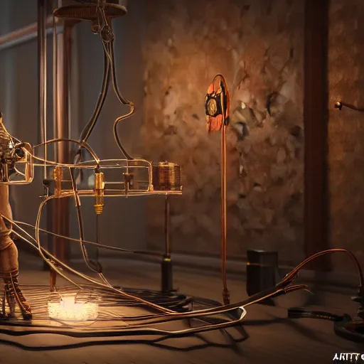 Prompt: 3D photorealistic render of a steampunk taxidermist, connected trough wired, on a advanced lab, octane render, 4k, unreal 5, very detailed, trending on artstation