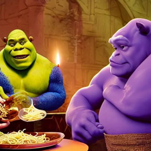 Prompt: Shrek and Thanos eating spaghetti at a fancy Italian restaurant, romantic candlelit dinner