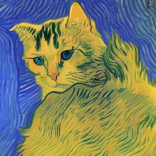 Image similar to cat by van gogh, denoised, fighting Cthulhu, sci fi, cyberpunk 8k