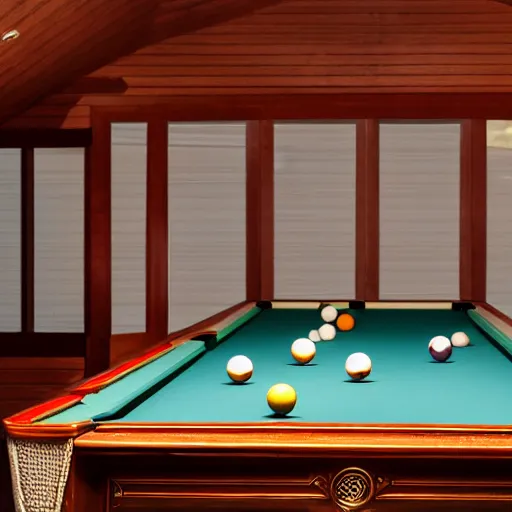 Image similar to a small sloop in which a large billiards table is placed. on the billiards table are twenty balls. focus on the billiards table with extremely high detail. the sloop is on the ocean. the weather is bad and cloudy. professional lighting.