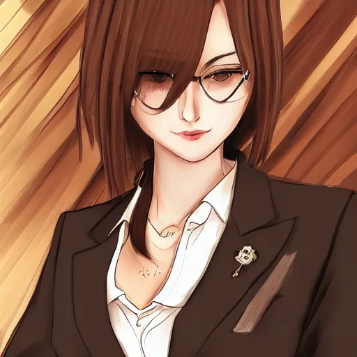 Image similar to woman in business suit, brown neat hair, pixiv, fanbox, trending on artstation, portrait, modern, sleek, highly detailed, formal, serious, determined, competent, colorized, smooth, charming, pretty, safe for work