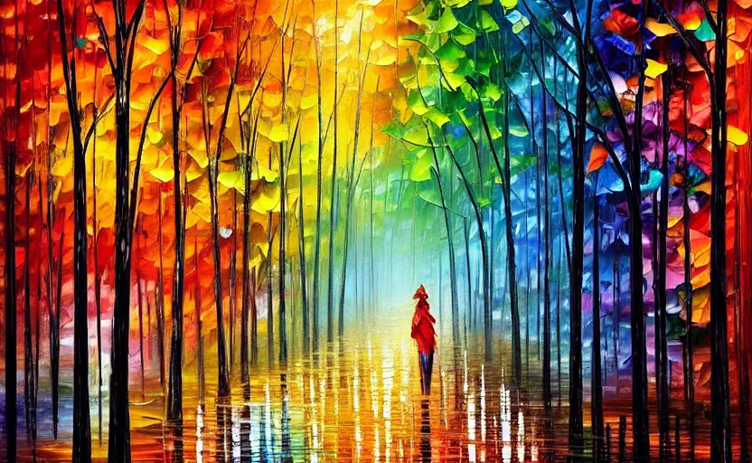 Prompt: psychedelic candy!!!!!!! forest in the rain by leoni afremov, oil painting!!!, intricate details!!!!, fine brush!!!!!!