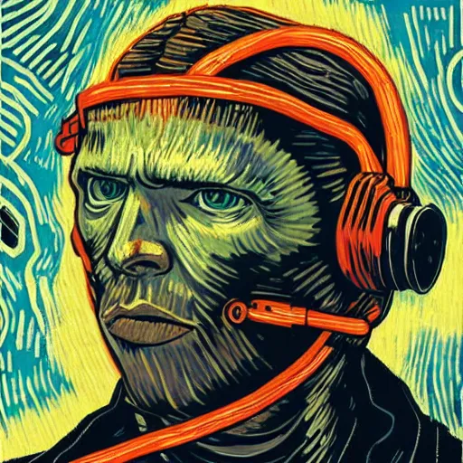 Prompt: Illustrated by Shepard Fairey and H.R. Giger | Cyberpunk Van Gogh with VR helmet, surrounded by cables