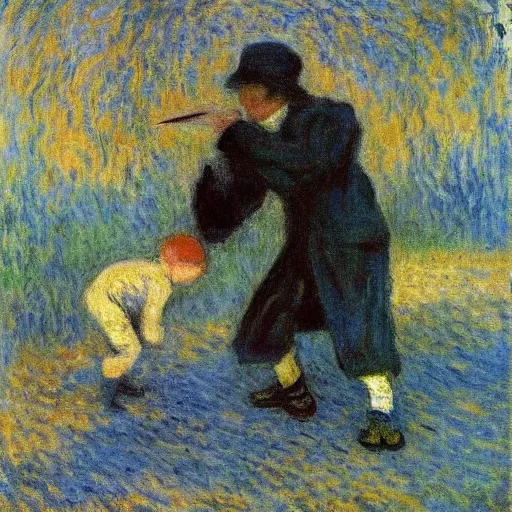 Prompt: the smallest man in the world is taking revenge with a knife by claude monet