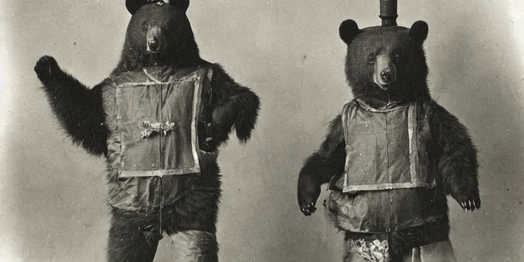 Image similar to anthropomorphic asian black bear in cosplay, 1900s photo