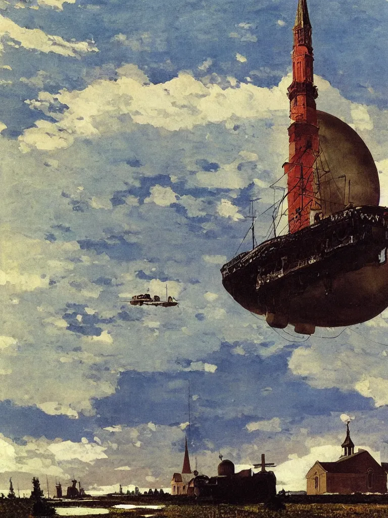 Image similar to a large dieselpunk airship standing over a white church in russia in 1 9 1 0, by winslow homer and levitan, oil on canvas painting