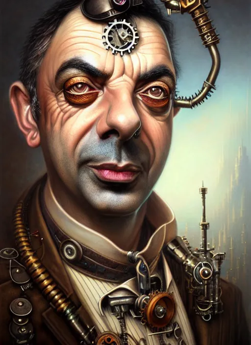 Prompt: steampunk portrait of rowan sebastian atkinson, fractal background, by tomasz alen kopera and peter mohrbacher