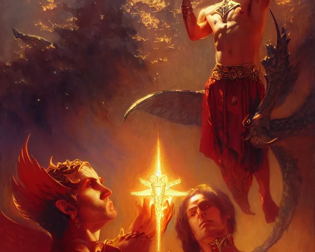 Image similar to attractive male deity, casting demonic magic, summoning handsome lucifer morning star. highly detailed painting by gaston bussiere, craig mullins, j. c. leyendecker 8 k