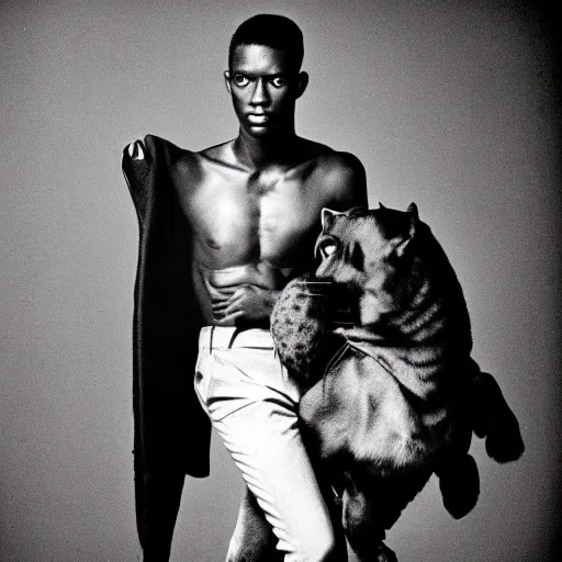 Image similar to the handsome african male model and the black leopard, black and white, by richard avedon,