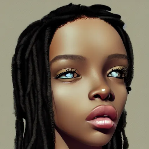 Image similar to very beautiful African girl with freckles, elegant look, tired eyes, artstation