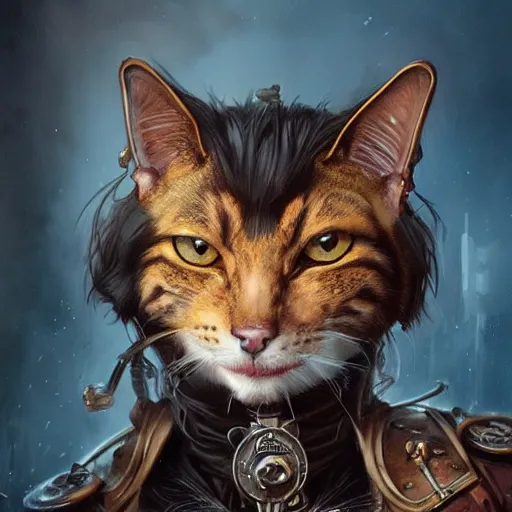 Prompt: a portrait of a steampunk half cat, cinematic lightning, d & d, fantasy, highly detailed, digital painting, sharp focus, illustration, art by artgerm and greg rutkowski and magali villeneuve