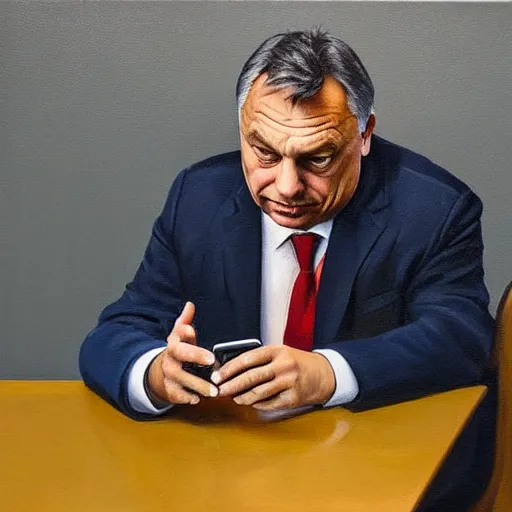 Prompt: viktor orban tiktok on his phone in a cubicle, oil painting