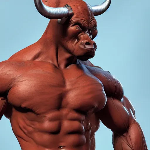 Prompt: a muscular humanoid bull with a pot belly, hyperdetailed, 4k, artstation