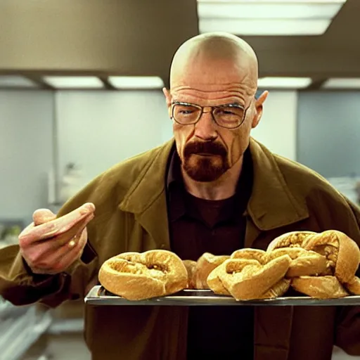 Prompt: walter white eating bagels, photography,