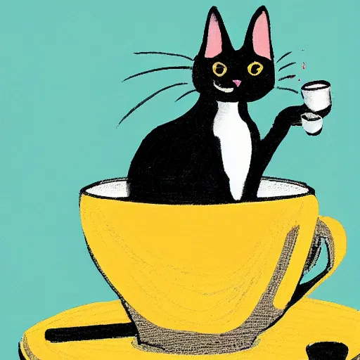 Image similar to A cat sipping coffee, cartoon