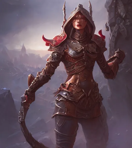 Image similar to battlemage, full armor, full body portrait, gentle, female, city landscape, d & d, fantasy, intricate, elegant, highly detailed, digital painting, red gold color palette, artstation, octane render, concept art, matte, sharp focus, illustration, hearthstone, art by artgerm and greg rutkowski and alphonse mucha