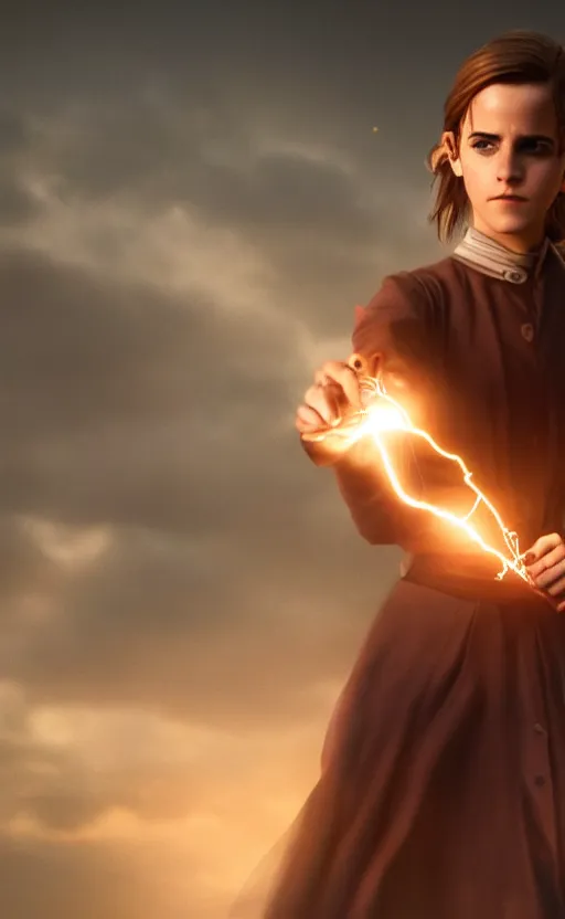 Image similar to Emma Watson casting an electricity spell. Digital art trending on artstation. 4k. Tyndall effect.