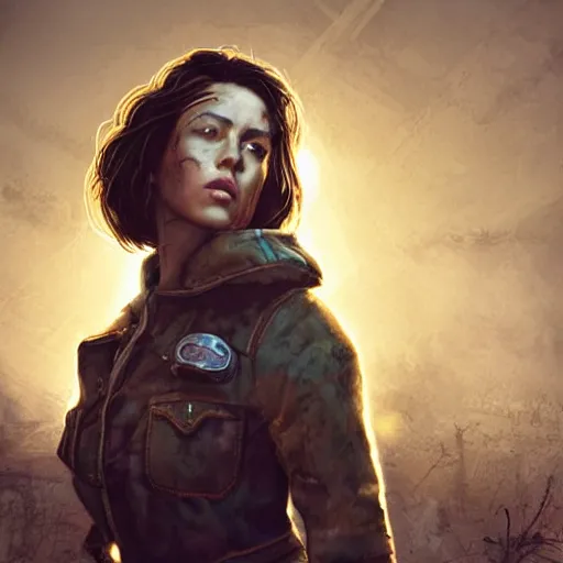 Image similar to fallout 5, charismatic beautiful rugged brunette female protagonist, portrait, outdoors low density industrial zone, atmospheric lighting, painted, intricate, volumetric lighting, beautiful, daytime, sunny weather, slight overcast, golden hour, sharp focus, deep colours, ultra detailed, by leesha hannigan, ross tran, thierry doizon, kai carpenter, ignacio fernandez rios