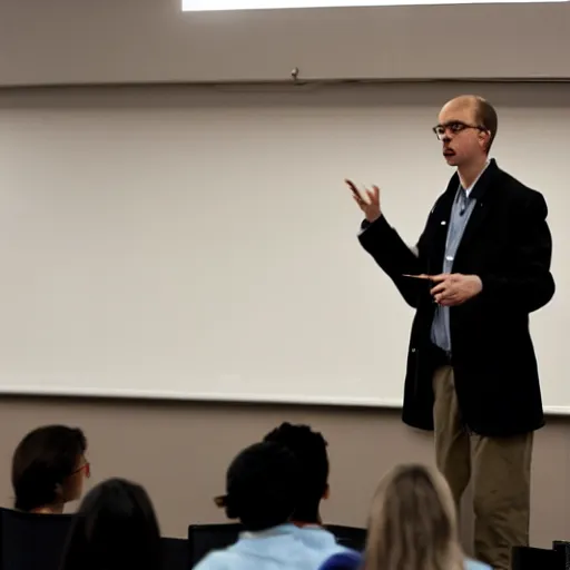 Prompt: Caenorhabditis elegans giving a lecture at a university in front of scholars