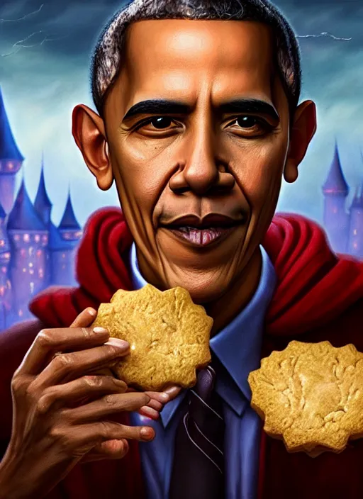 Image similar to highly detailed closeup portrait of obama as a fairytale medieval prince eating cookies, unreal engine, nicoletta ceccoli, mark ryden, lostfish, earl norem, global illumination, god rays, detailed and intricate environment