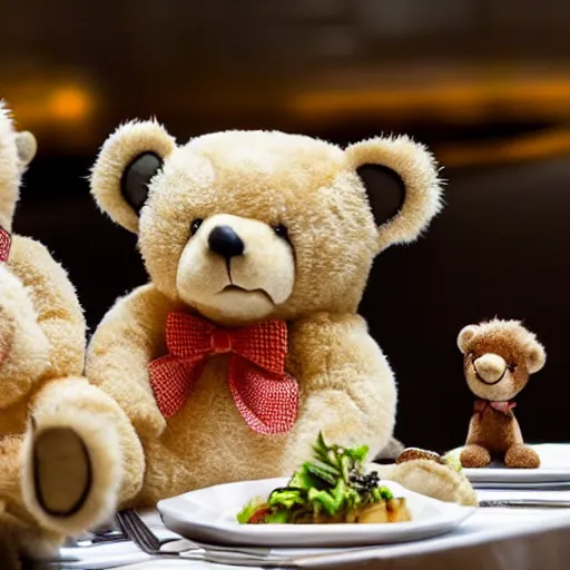 Prompt: teddy bears eating a fancy dinner at a Michelin star restaurant