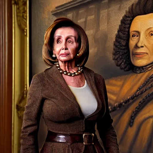 Image similar to painting of nancy pelosi standing in front of 1 6 th century backdrop. she looks like vigo the carpathian wearing armor. patina on armor. she ominously stares forward. hand on hip, arm resting on large stone. sepia toned. dramatic lighting. painting by lou police for ghostbusters 2.