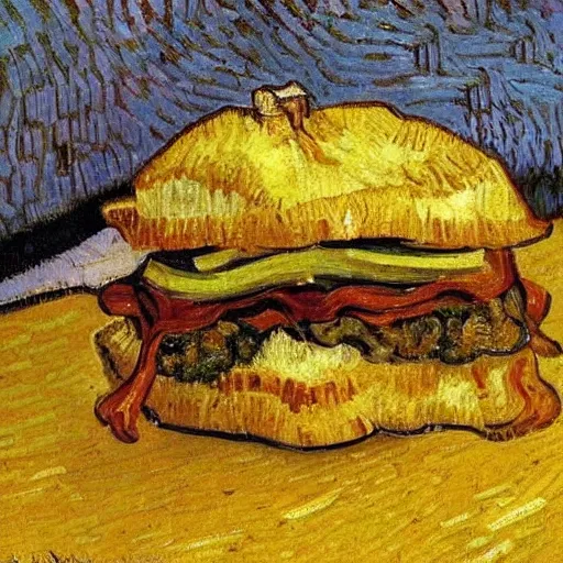 Image similar to onion steak sandwich painted by Van Gogh