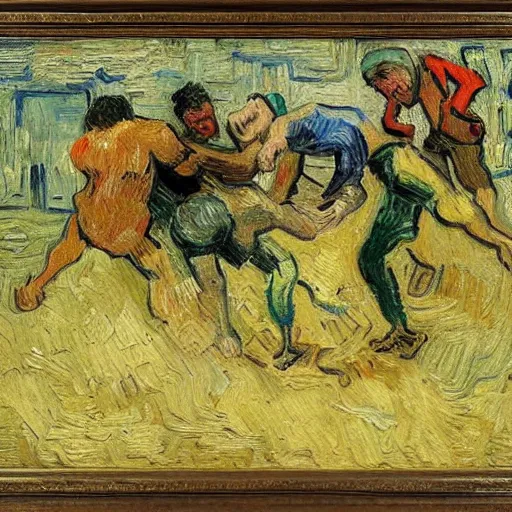 Image similar to 3 drunks fall over mud - wrestling,, oil painted ( ( ( ( ( ( by van gogh ) ) ) ) ) )