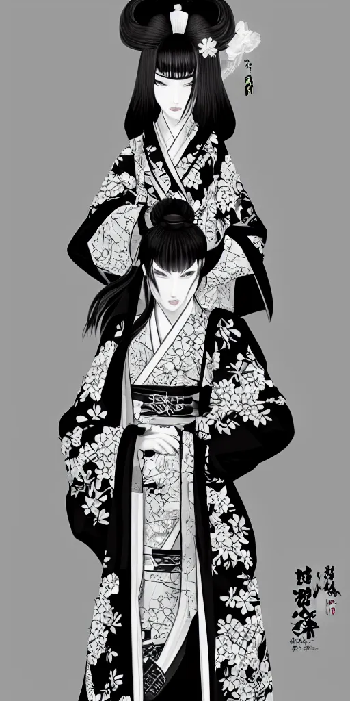 Image similar to character design, black and white kimono, samurai, dark long hair, princess cut hairstyle ， beautiful, elegant, symmetrical face, long legs, regular feet, big katana, full body, wisteria trees, realistic, uhd, unreal engine, detailed