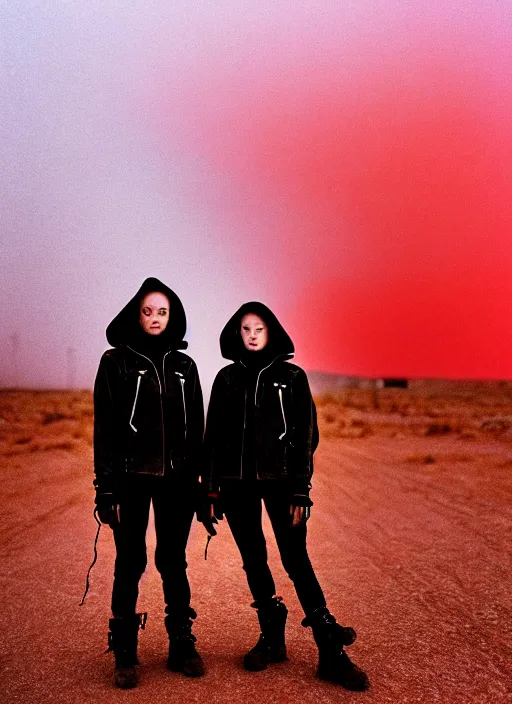 Image similar to cinestill 5 0 d photographic portrait of two female android lovers wearing rugged black techwear on a desolate plain with a red sky, extreme closeup, lizard on ground, cyberpunk style, in front of a brutalist dark metal facility, dust storm, 8 k, hd, high resolution, 3 5 mm, f / 3 2, ultra realistic faces