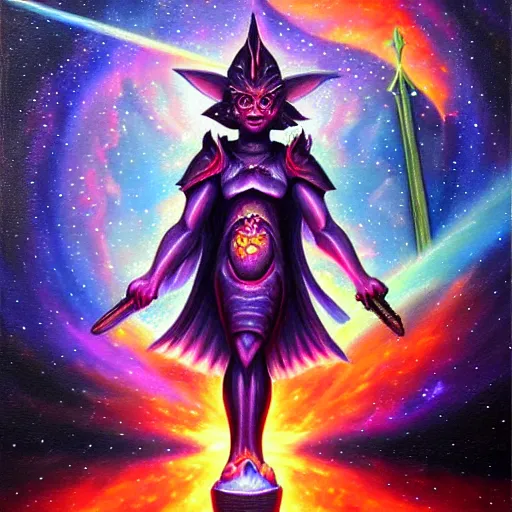 Image similar to facing the evil darkness dark star with a sword in hand, galactic nebular astral realm sacred journey in oil painting, trending on artstation, award winning, emotional, highly detailed surrealist art