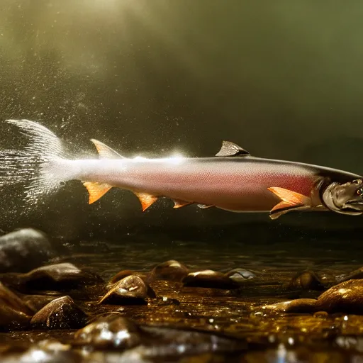 Prompt: movie still of a salmon jumping from a river, splash art, photorealistic features, cinematic lighting, dramatic, octane render, long lens, shallow depth of field, bokeh, anamorphic lens flare, hyper detailed, 3 5 mm film grain