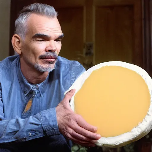 Image similar to billy bob thornton eating a large wheel of cheese,