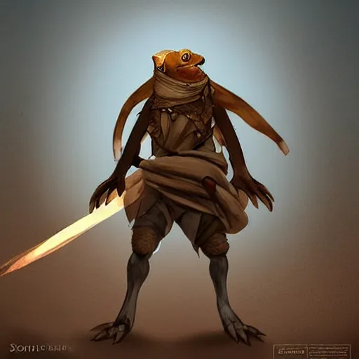 Image similar to very cute!!!!!!!!! anthro lizard standing on two legs, wearing a scarf, desert nomad, battle ready, concept art, trending artstation, apocalyptic, volumetric lighting.