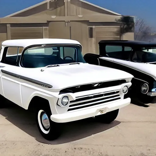 Prompt: 1960 White Ford Pickup + 2015 Chevy Tahoe hybrid SUV, Retro Aesthetic with Modern Features, Advanced Automobile, Premium SUV that is also an old Truck, 4K, Photo