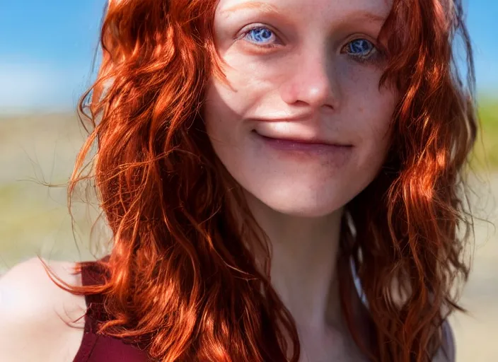 Image similar to close up portrait photograph of a thin young redhead woman with russian descent, sunbathed skin, with deep blue eyes. Wavy long maroon colored hair. she looks directly at the camera. Slightly open mouth, face takes up half of the photo. a park visible in the background. 55mm nikon. Intricate. Very detailed 8k texture. Sharp. Cinematic post-processing. Award winning portrait photography. Sharp eyes.