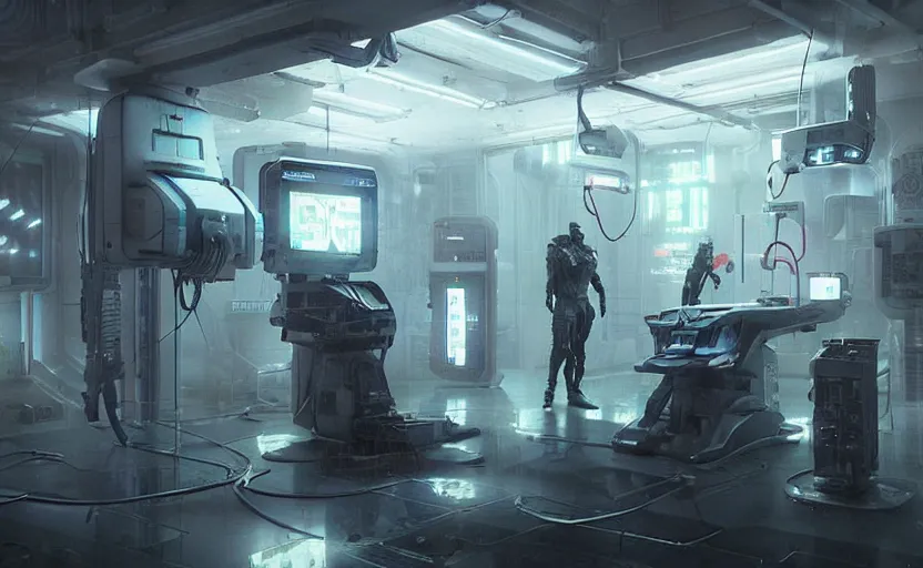 Image similar to neon surgery scanning machine cyberpunk futuristic, in a white room, art by giger, greg rutkowski