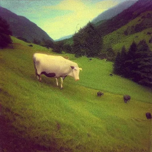 Prompt: “an impressionist painting of an avalanche of cows tumbling down a Green Mountain”