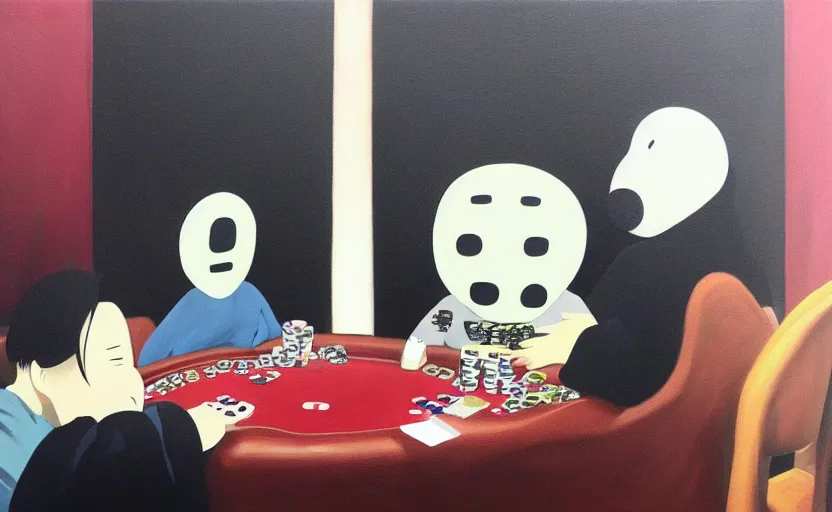 Prompt: no face from spirited away playing poker, oil painting