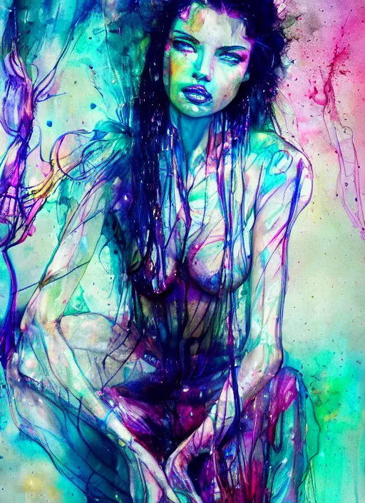 Image similar to adriana lima by agnes cecile enki bilal moebius, intricated details, sitting on a stool, full body portrait, extremely luminous bright design, pastel colours, drips, autumn lights