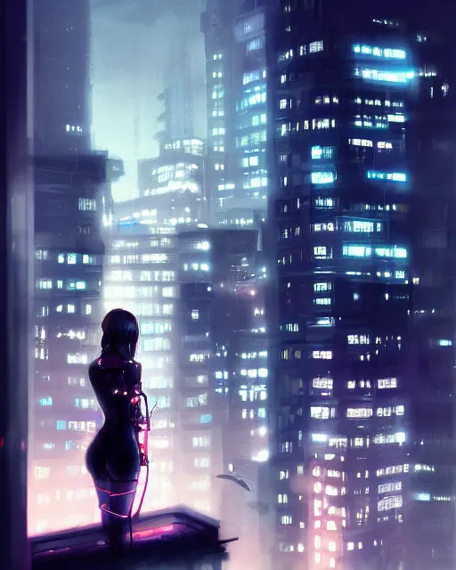 Prompt: a night rooftop scene by Liam Wong, close shot of a photorealistic beautiful half cyborg woman by Artgerm and NeoArtCorE on the rooftop looking at the city below, the half cyborg woman is wearing a long trench coat