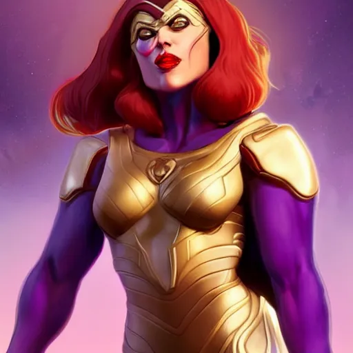 Image similar to thanos as a feminine beautiful muscular woman dressed as a battle nun, red lips, attractive, highly detailed full body portrait, pretty face, elegant, breathtaking art, concept art, by artgerm and ilya kuvshinov